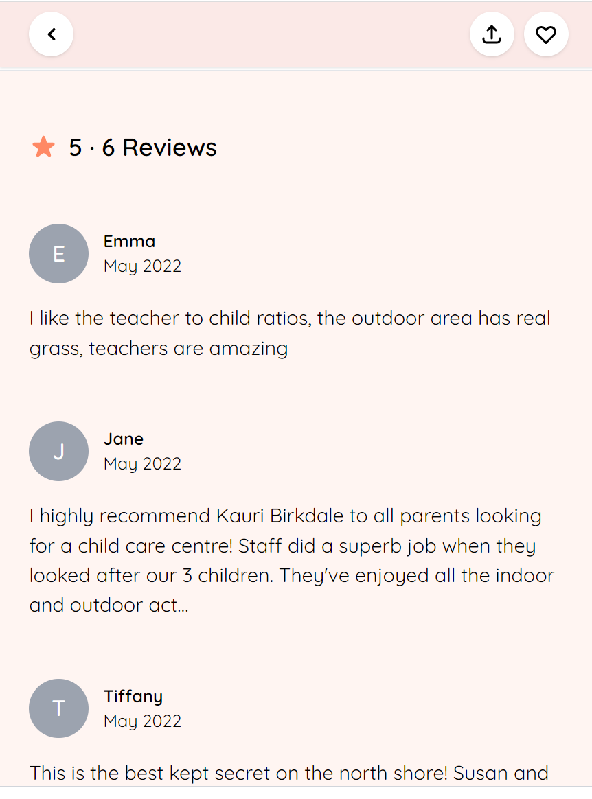 Screenshot of review section on Kindello centre details page